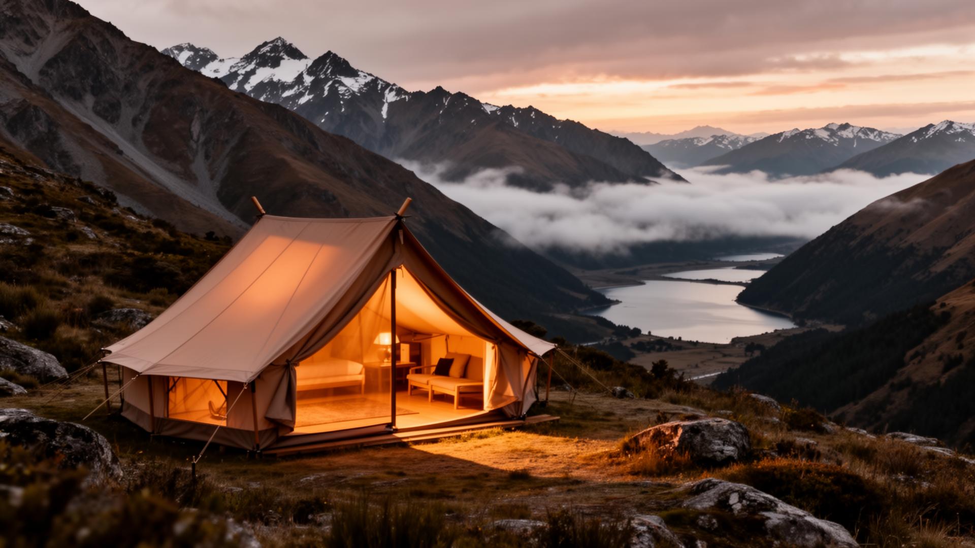 Luxury glamping tent overlooking New Zealand mountains at sunset